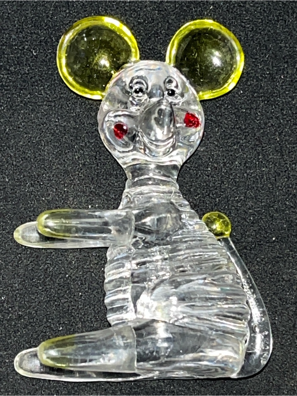 Clear Glass Mouse Figurine Yellow Green Ears Red Cheeks 3” Art Glass Animal